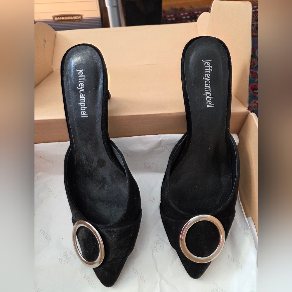 Jeffrey Campbell Suede Black Mules with Silver Buckle